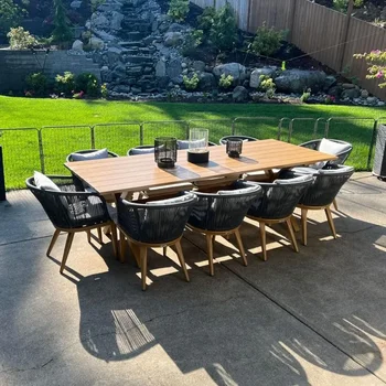 11 Pieces Patio Dining Set, for Garden Deck Teak-Finish Aluminum Frame Backyard Kitchen Set, Wicker Outdoor Furniture Sets 2