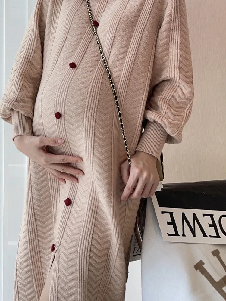 Woolen Cotton Winter Knitted Maternity Dress Bow Collar Pregnant