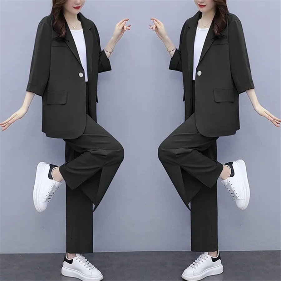 women's short suit set Oversized 4XL Baggy 2 Piece Set Women Three Quarter Sleeves Unlined Blazer Coat Business Straight Splited Fork Suit Pant Outfit women's warm up suits