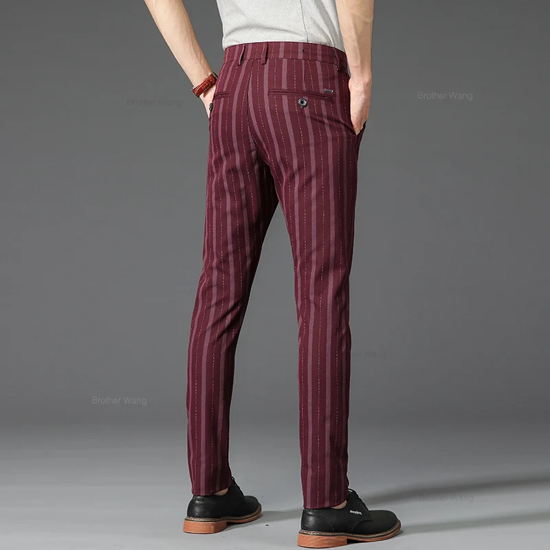 Casual Pants Brand Men's Striped Casual Pants Spring Comfortable Elastic Business Slim Straight British Fashion Trousers Black Khaki Wine Red