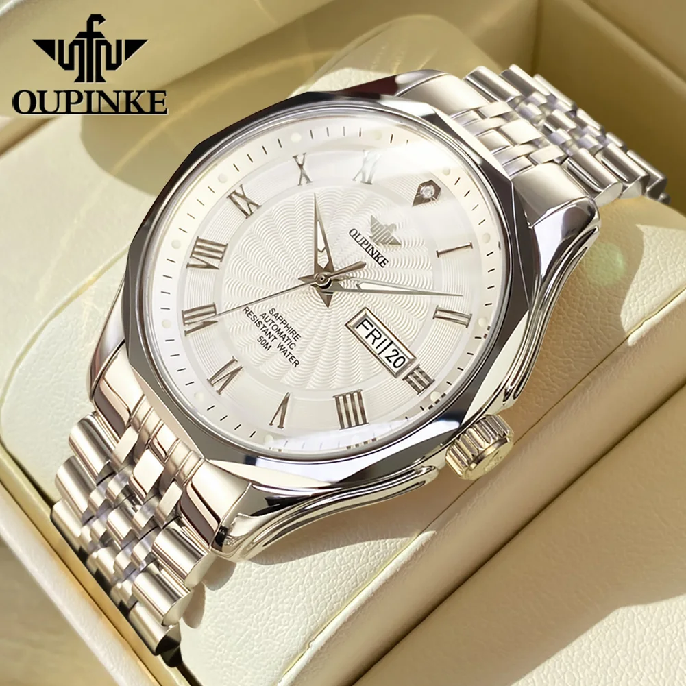 OUPINKE Orologio Meccanico Automatico Uomo, Lusso In Acciaio Al Tungsteno Con Quadrante Data E Fasi Lunari, Vetro Zaffiro, Impermeabile 50m - 4
