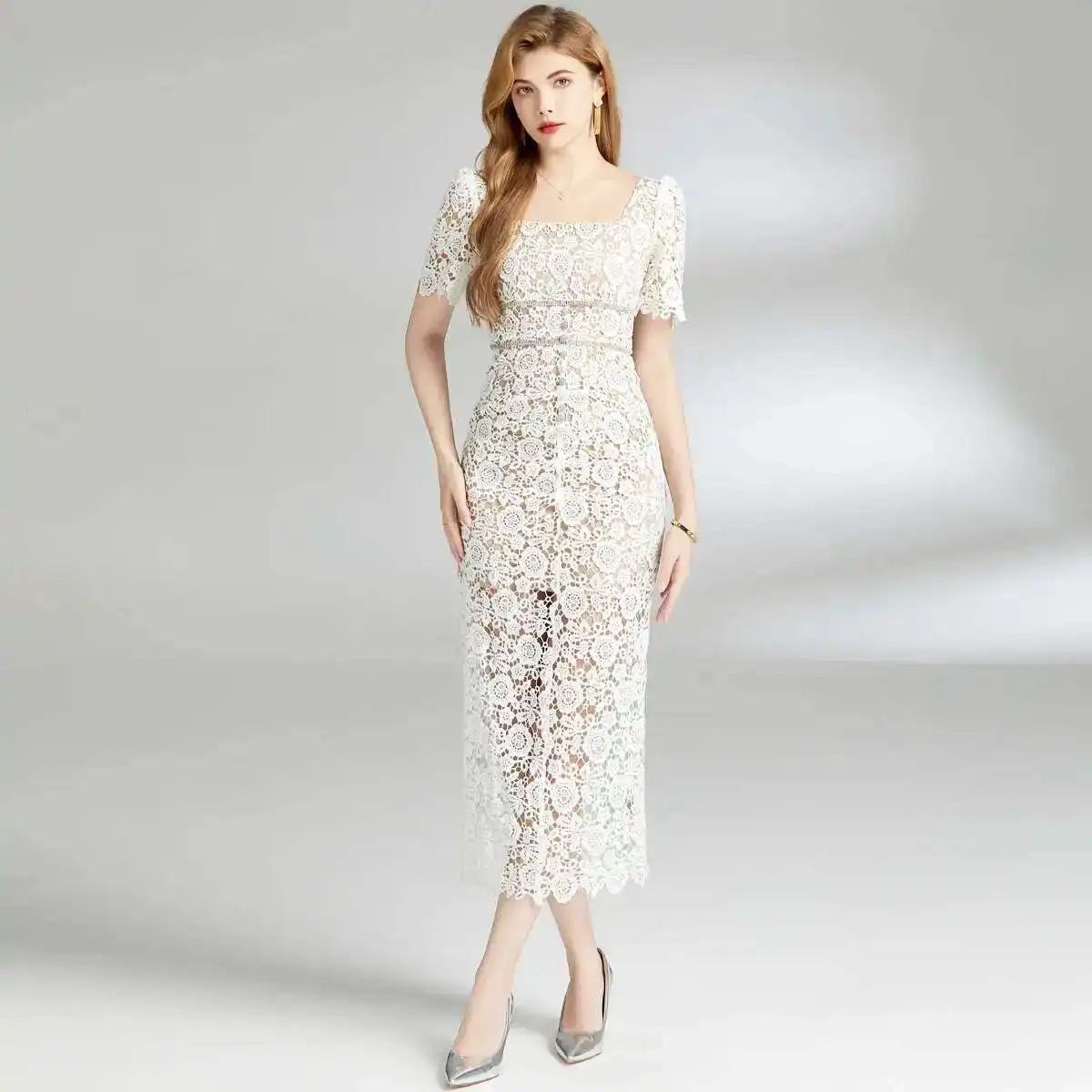 Brand Designer Summer Holiday Embroidery White Lace Prom