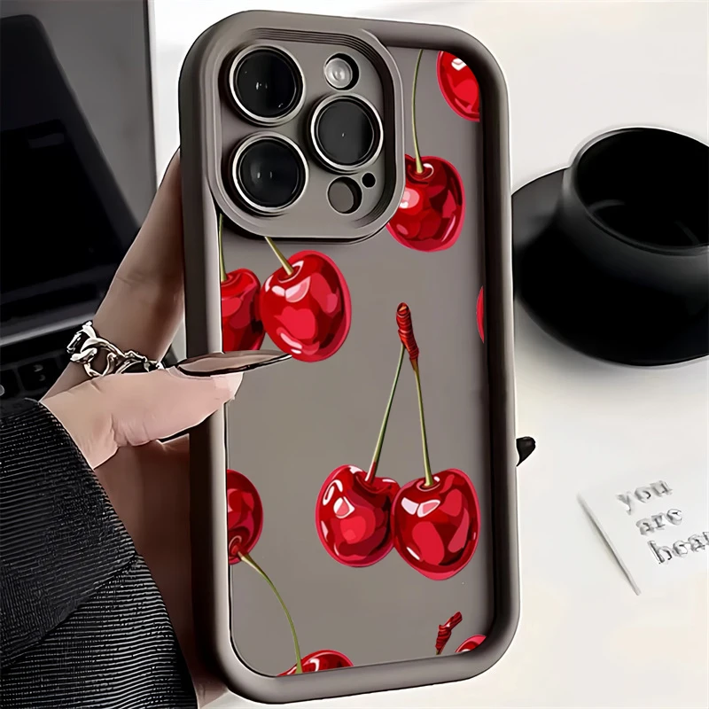 Elegant Wine Red Cherry Print Silicone Phone Case - Soft, Stylish Back Cover