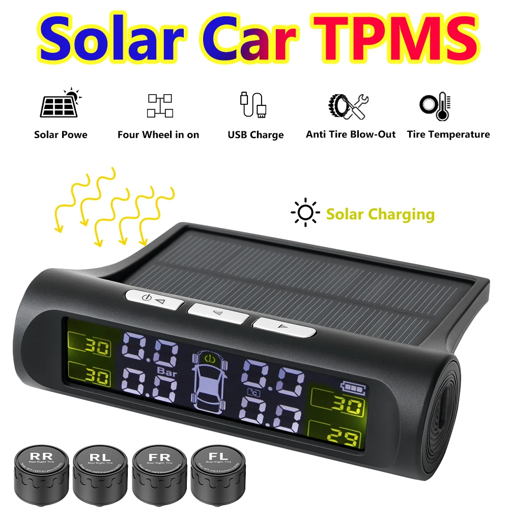 أنظمة إنذار أمان لضغط الإطارات TPMS بالطاقة الشمسية للسيارة، مراقبة درجة حرارة الإطارات، 4 خارجي ​ اكسسوارات السيارات العالمية