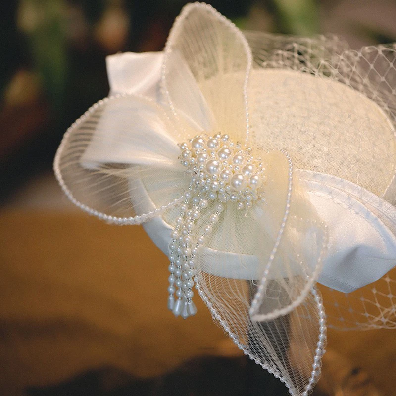 Sen Style Bowknot Beaded Tassel Net Hat Hair Accessories Bridal Hair Accessories For Wedding Photo Makeup