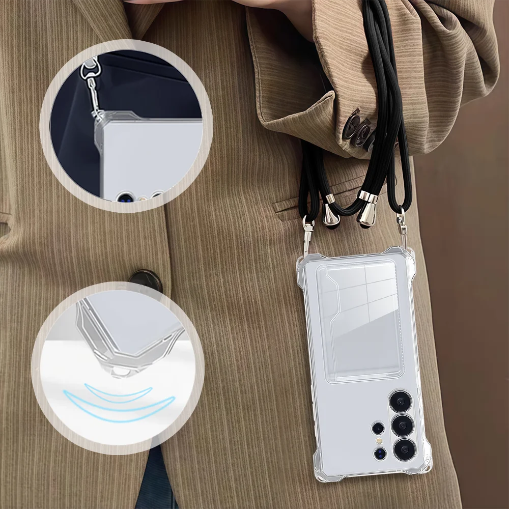 Adjustable Crossbody Lanyard Phone Case with ID Card Slot and Clear Silicone Cover