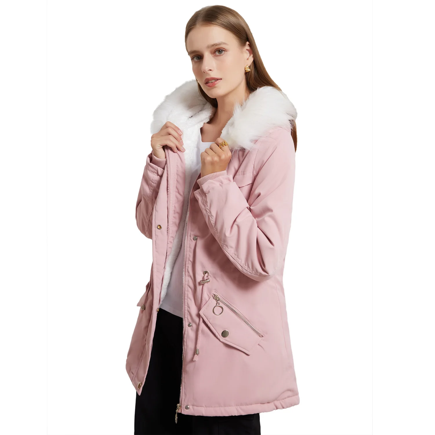 The new pie overcomes a women's plus-size mid-length fleece cotton jacket with a warm band fur collar loose winter coat