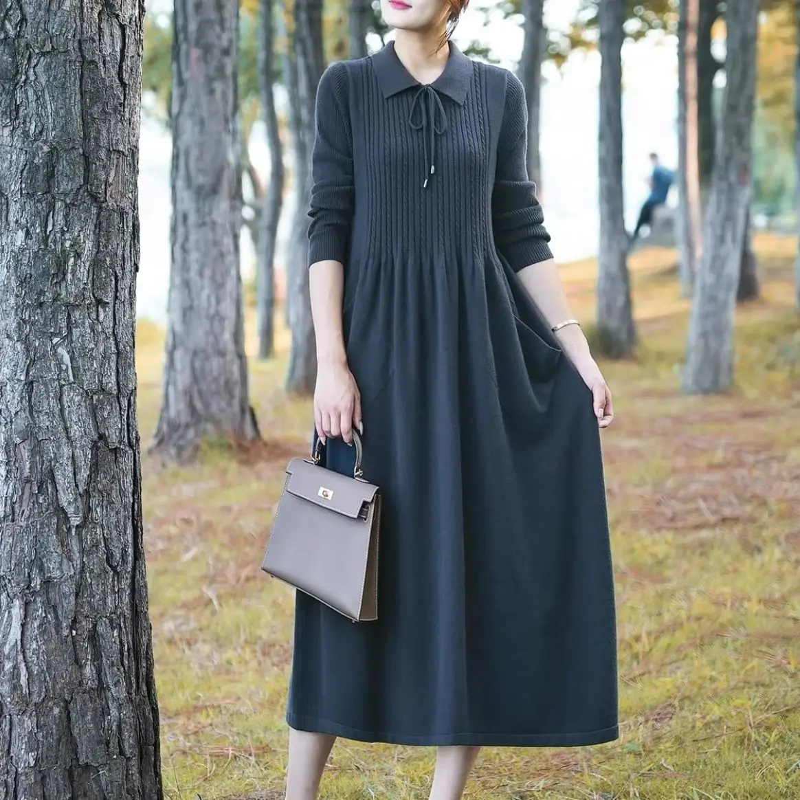 

Women Turn Collar Lacing Solid Patchwork Knit Dress 2023 New Autumn Winter Clothes Fashion Slim Female Bottom Sweater Dresses