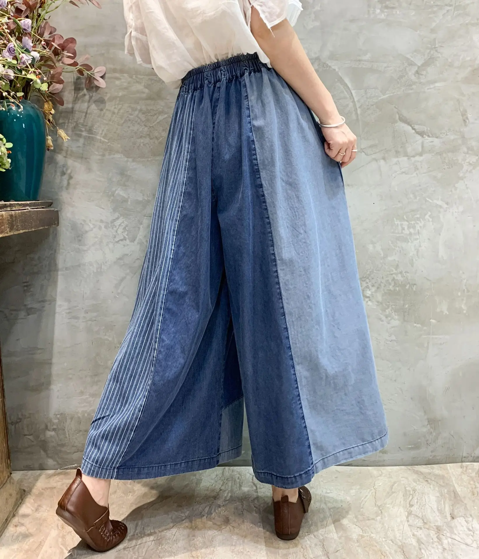 [EWQ] Patchwork Drawstring Jeans Pants For Women Streetwear High Waist Contrast Wide Leg Trousers Spring 2024 Autumn New Y6664