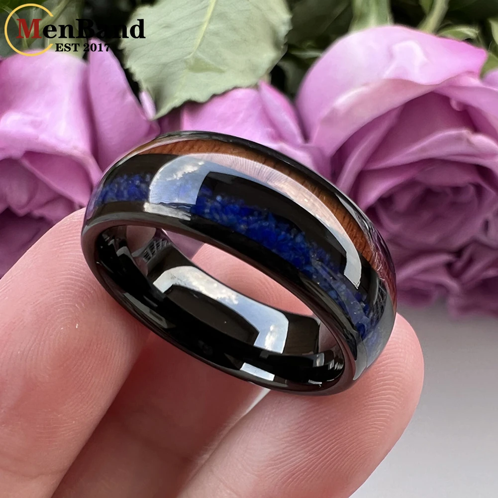 8mm Tungsten Carbide Ring for Men Women Engagement Wedding Band Blue-Lapis Koa Wood Inlay Dropshipping Dome Comfort Fit