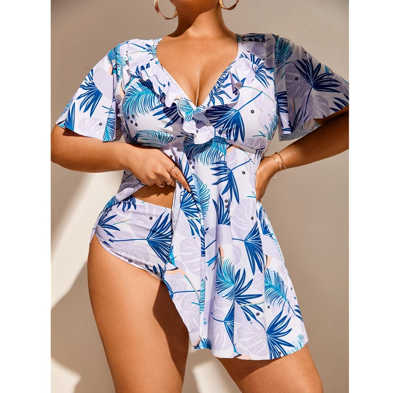 

2022 New Large Size 8XL Womens Tankini Swimsuit Leaf Printed 2 Pieces Bathing Suit Plus Size Tummy Contral Beachwear