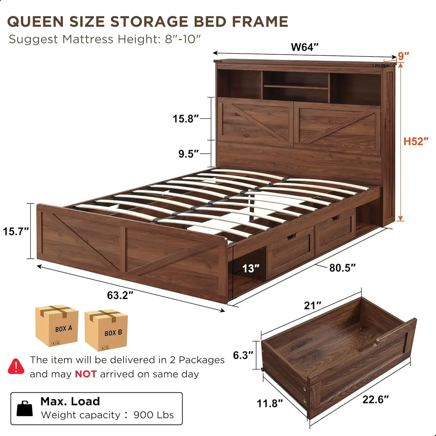 Queen Size Wood Bed Frame with 52" Tall Storage Headboard and 4 Drawers LED Light Charging Station Solid Wood Slats Support