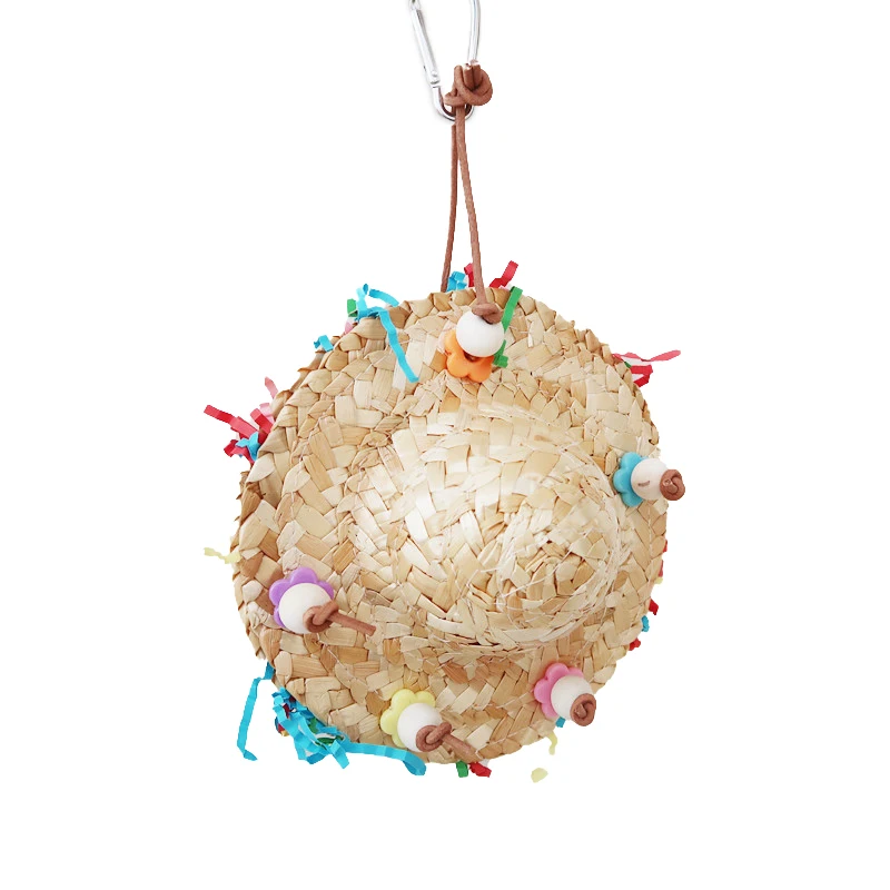 Handmade Straw Weaving Cap Shape Parrots Chew Toy Birdcage Hanging Swing Toy Bird Chew Standing Perches for Cockatiel Conure