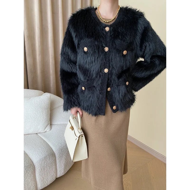 Tweed Stitching Fur Round Neck White Pink Black Women Coat Luxury Fashion Fake Fur Small Fragrant Female Coat Autumn Winter 1611