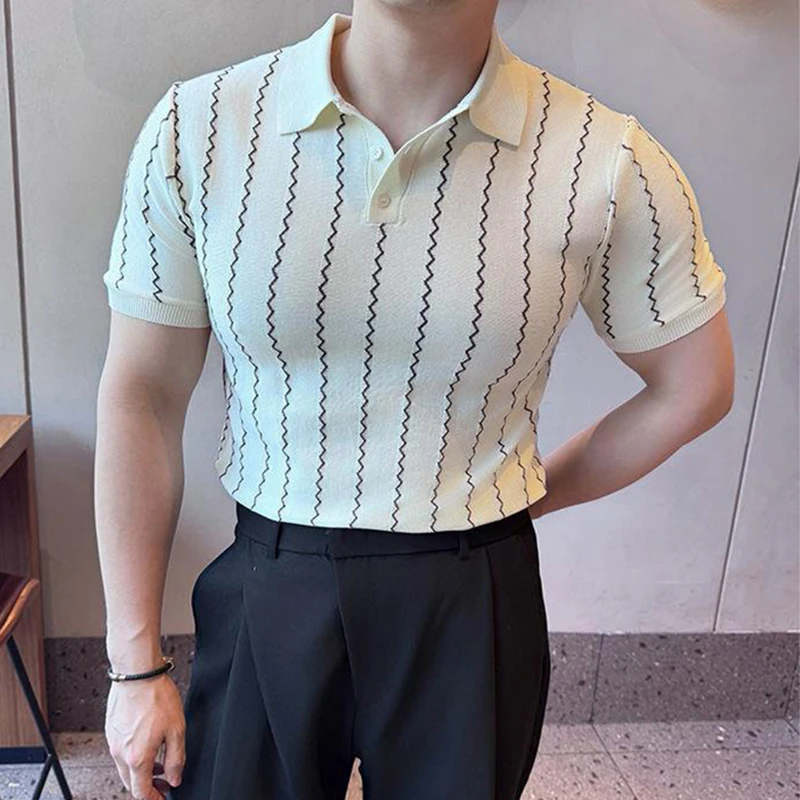 2025 Spring Summer New Casual Mens Polo Shirt Vintage Striped Crochet Buttoned Polo Neck Knit Tops Men Fashion Slim Fit Polos 6 Sbaefa6b6d29740008ef4512ef1806317y