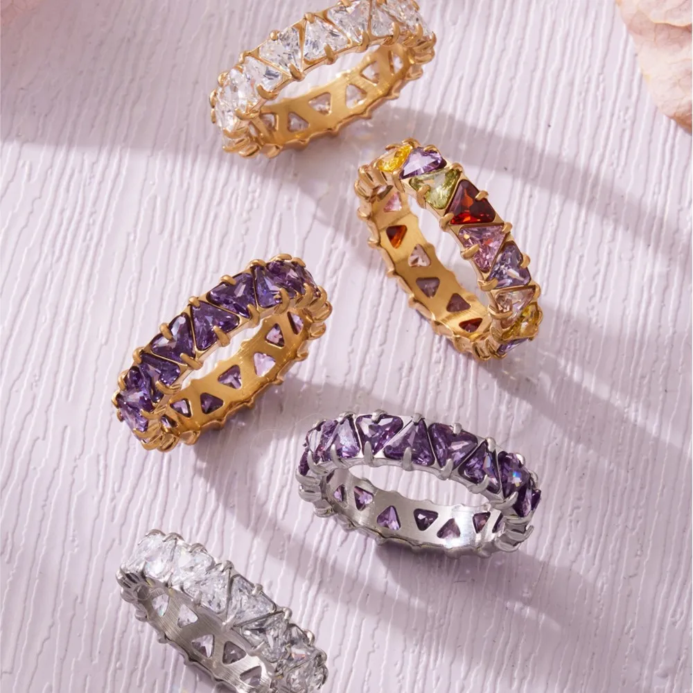 Triangular Purple Zircon Eternity Band in 18K Gold Plated Stainless Steel