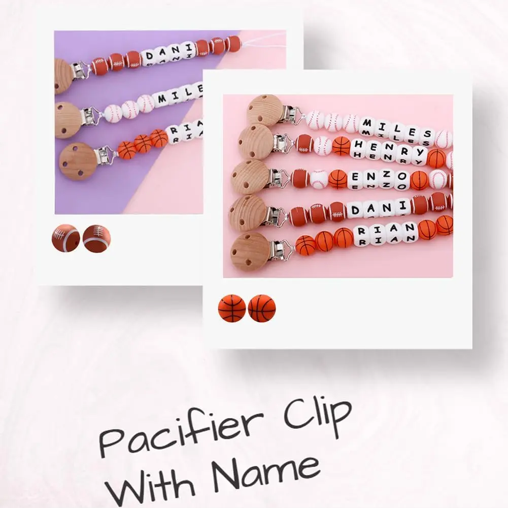 INS Pacifier Clips Personalized Name Silicone Basketball Football Baseball Beads Dummy Nipple Holder Chain Infant Teether Gift