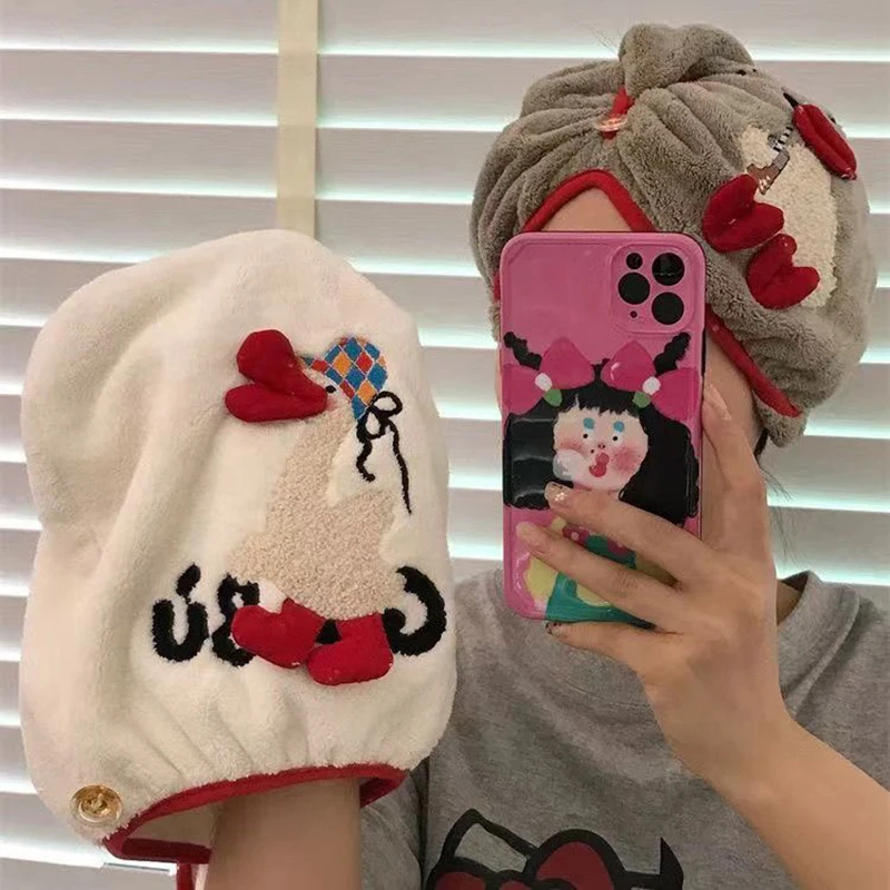 New Adult Student Dormitory Dry Hair Hat With Thickened Coral Cute Cartoon Duck Embroidery Absorbent Shower Cap Quick Drying