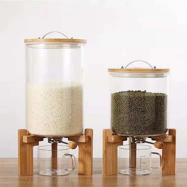 Flour and Cereal Container Dispenser Glass Food Storge Jar for Kitchen and Pantry Store Pet Food Airtight Lid and Wooden Stand 2