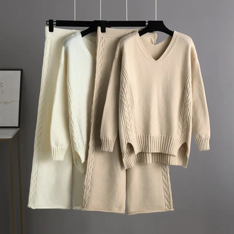 

Knitted wide leg pants sweater for women's autumn and winter wear new Korean version loose, thick, and fashionable two-piece set