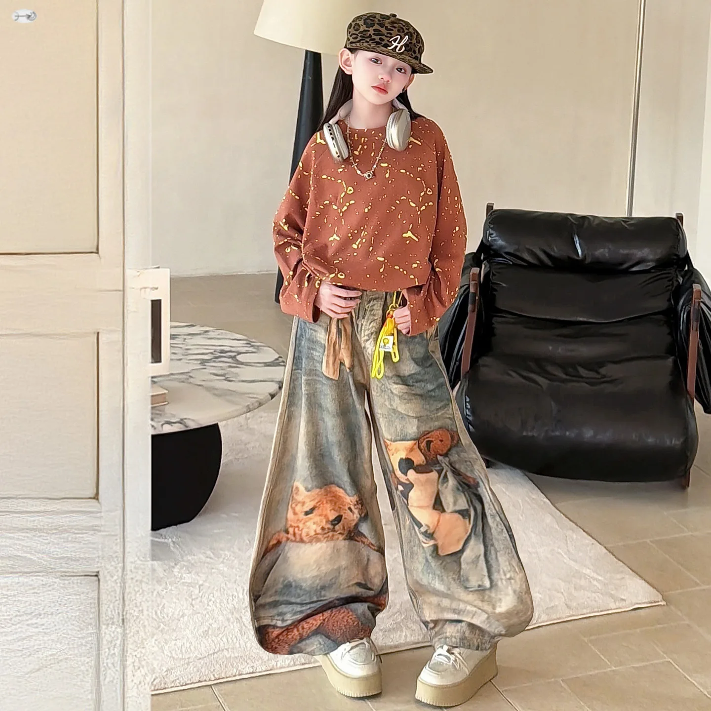 여자 와이드 레그 청바지 진주 포켓 캐주얼 데님 바지 한국 봄 가을 패션 십대 아동 바지 4-14세