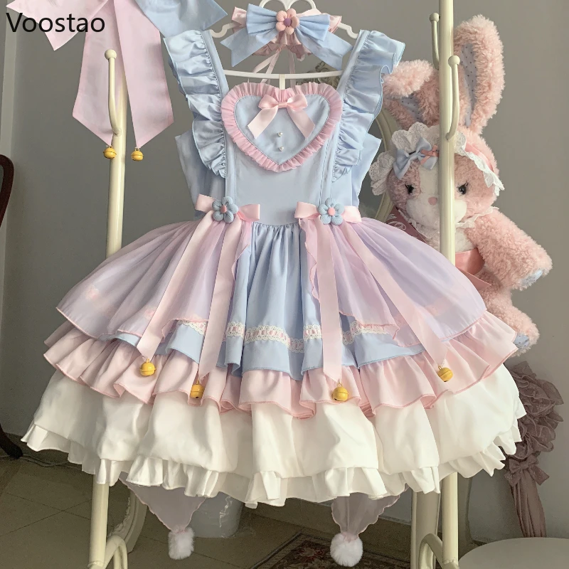 Japanese Sweet Lolita Jsk Dress Women Kawaii Bow Mesh Ruffles Tea Party Dresses Harajuku Cute Pink Blue Princess Mini Cake Dress lolita dress lolita cosplay costumes