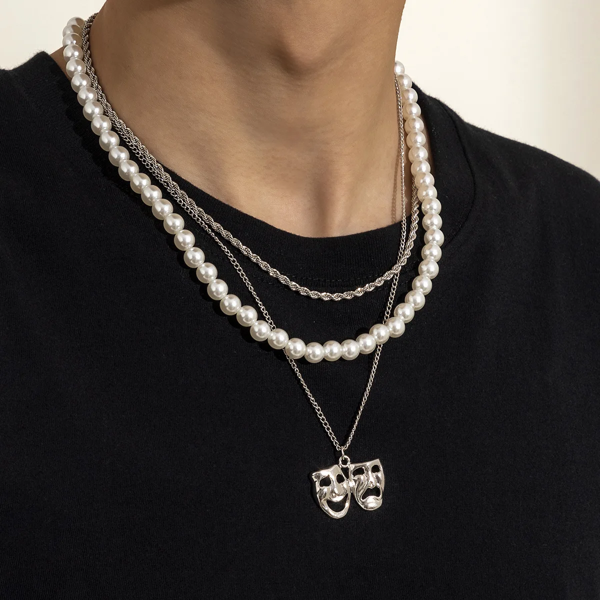 Vintage Style Necklace for Men Multi-layer Pearl Alloy Mask