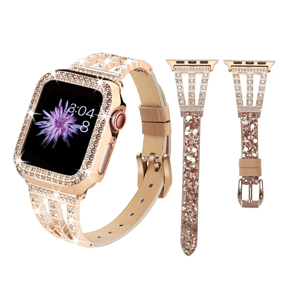

Leather strap with diamond case For Apple watch Ultra 49mm 8 7 41mm 45mm Watch Bracelet band For iWatch 6 5 4 3SE 44mm 40mm 42mm