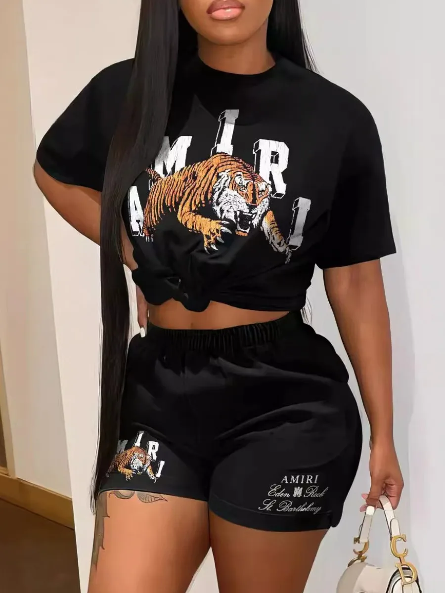 LW Tiger Letter Print Shorts Set casual short sleeved T-shirt and drawstring shorts set women's clothing summer two-piece set