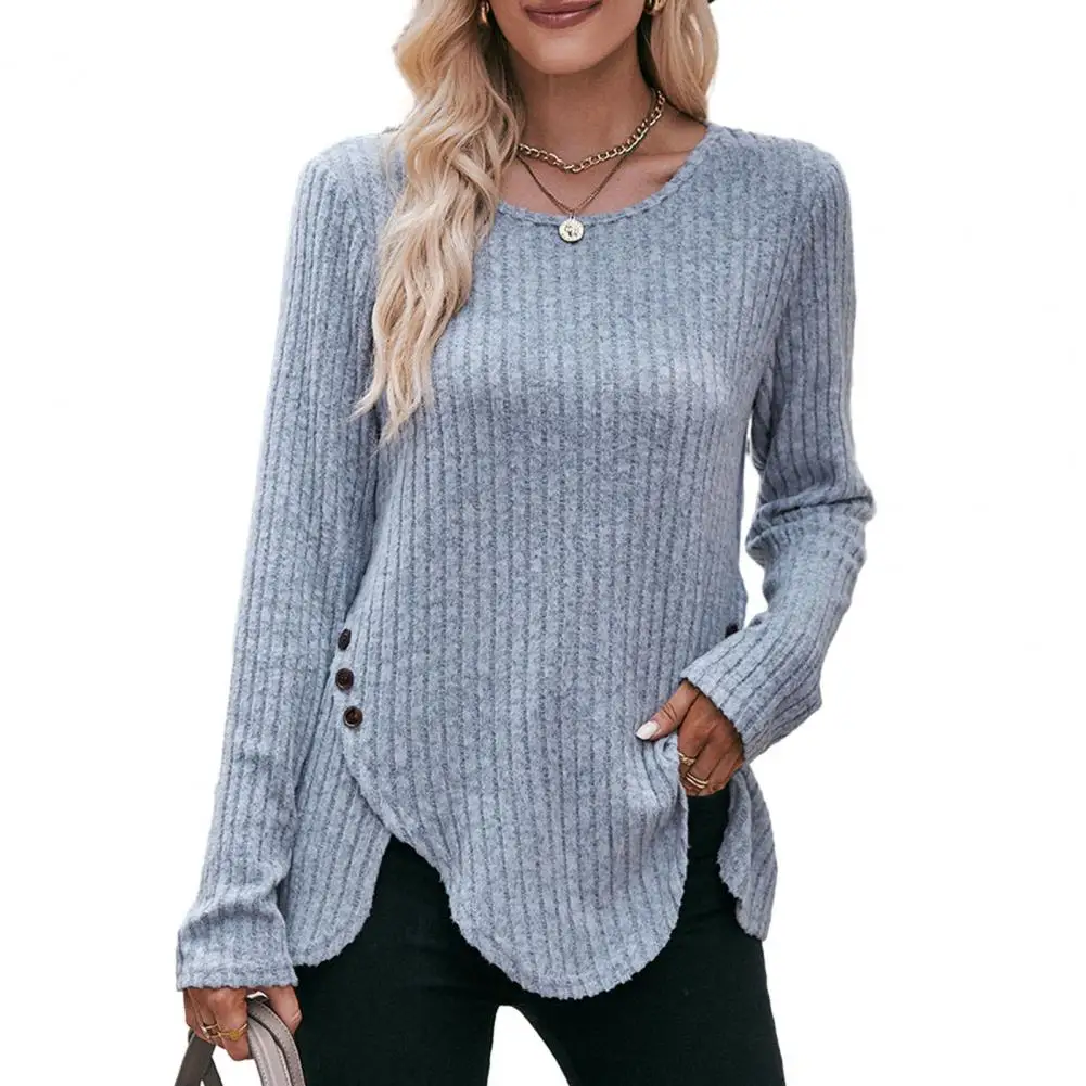 

Casual Blouse for Women Elegant Fall Top Round Neck Long Sleeve Striped Texture Button Decor Long Sleeve Solid Color Lady Blouse