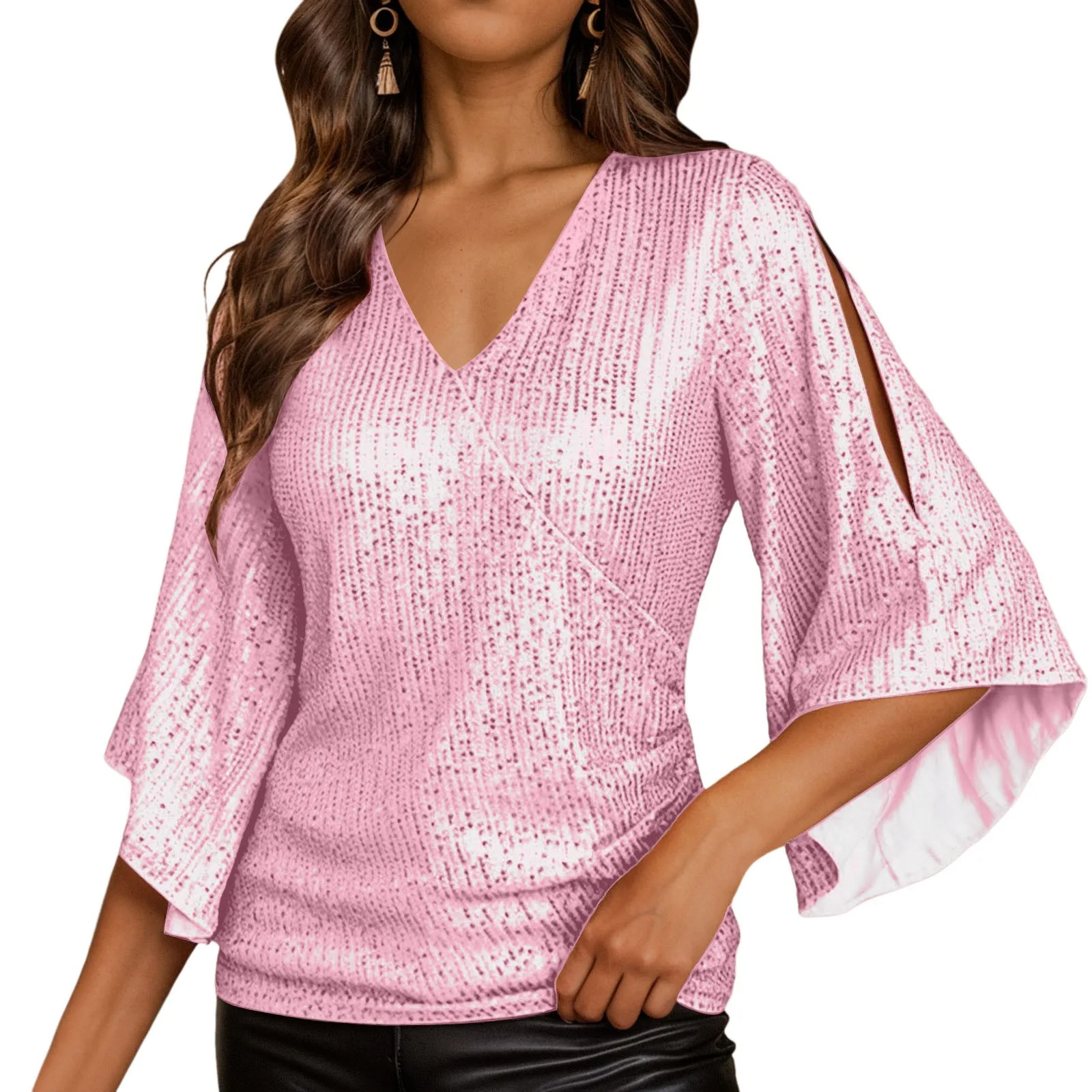 Plus Size Tops For Curvy Women Glitter Sparkly Sequin Tops Sexy V Neck 3/4 Sleeve Blouse Evening Party Dressy Tops Pullover топ