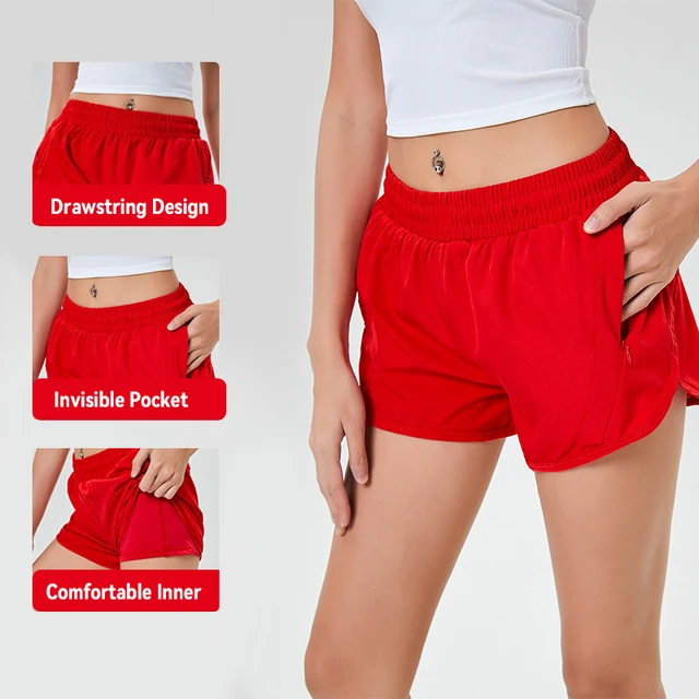 (S-2XL)2 in 1 Women Zipper Pocket Quick Dry Running Shorts 2 Layer Gym Yoga Fitness Badminton Tennis Training Sport Short Pants