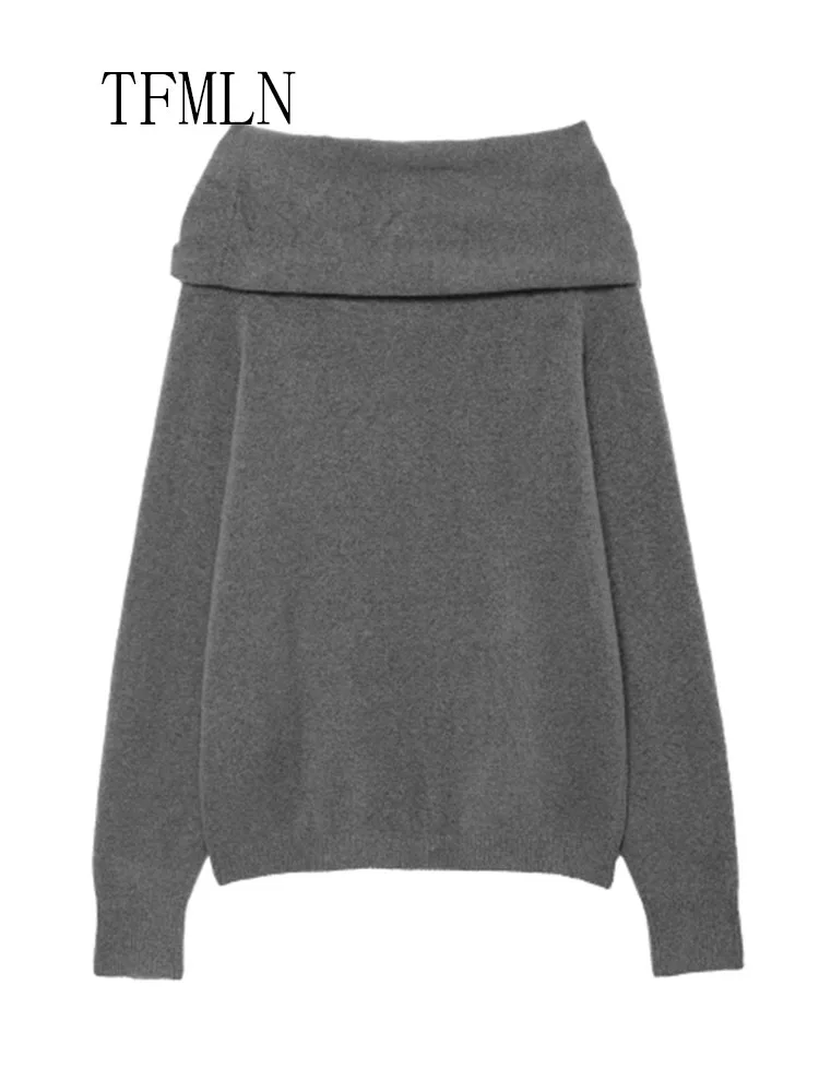 Off-the-Shoulder Knitted Sweater For Women with Metal Ring Causal Long Sleeve Chic Pullover Top Fashionable Female Knitwear