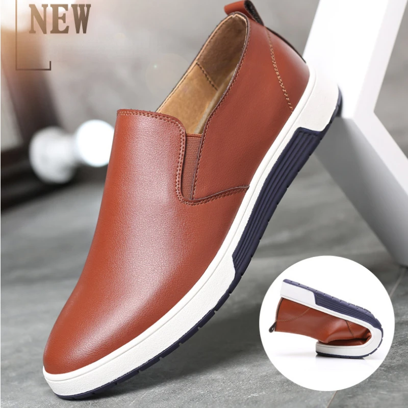 

Leather Men Casual Shoes Lazy Slip on Mens Leather Shoes Quality Breathable Lace Up Man Flats British Peas Shoes Plus Size 39-48