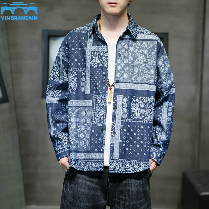 

Chinese Style Clothes Autumn New Denim Men's Casual Shirt Jacket Top Trend Lapel Long Sleeve Thin Coat National Style Large Size