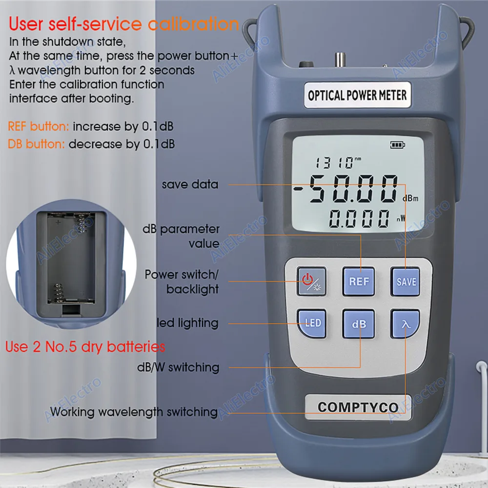 AUA-G510A/G710A Optical Power Meter SC FC Adapter -50~+26dBm/-70~+10dBm (Built-In LED Lighting) FTTH Fiber Optical Cable Tester