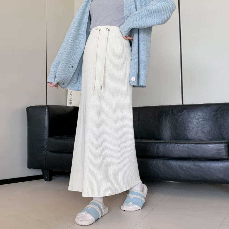 Autumn Winter Thick Knitted Long Skirts Maternity Drawstring Slim Fit Pencil Back Splits Bottoms for Pregnant Women Prgenancy