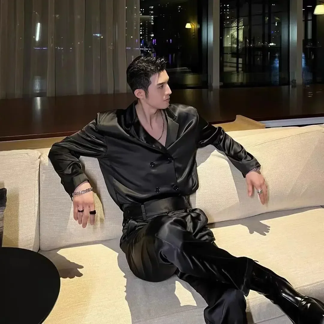 Spring New Niche Casual Temperament Suit  Fashion Loose High Street Loose Overcoat Long Pants Men Trousers Set Male Clothes 2