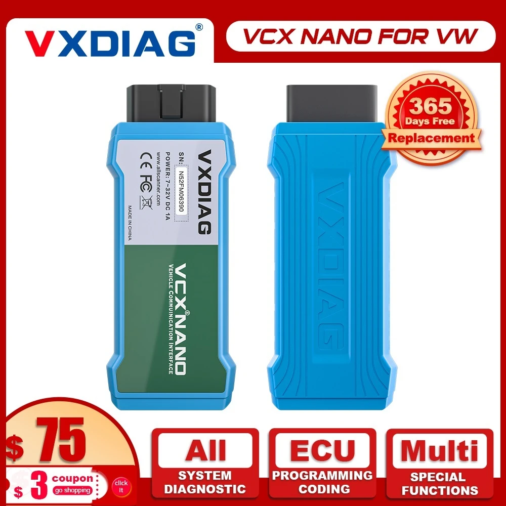 VXDIAG VCX NANO For VW All System Diagnostic Tool OBD2 Code Reader Scanner for Audi/Seat ECU Programming J2534 Protocol WIFI/USB car battery drain tester