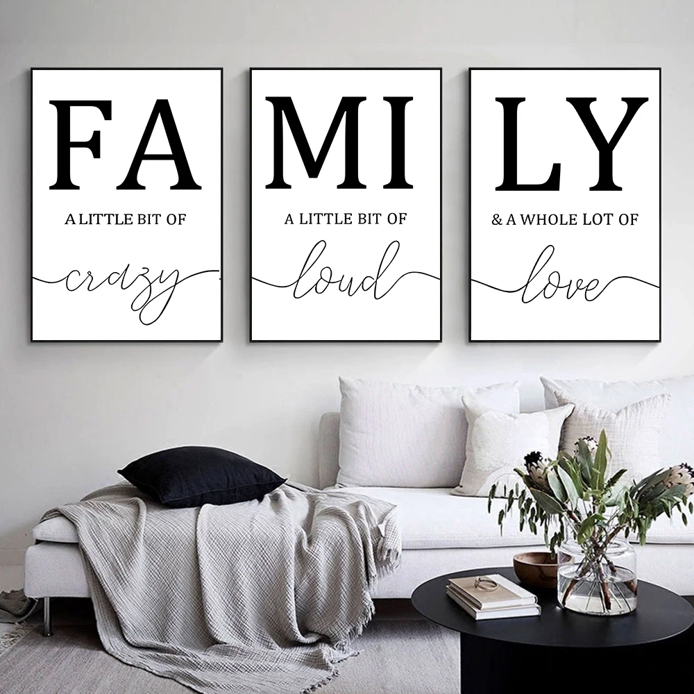 3PCS Frameless Simple Black White FAMILY Poster Modern Canvas Painting Wall Art Print Pictures  For Living Room Home Decorative