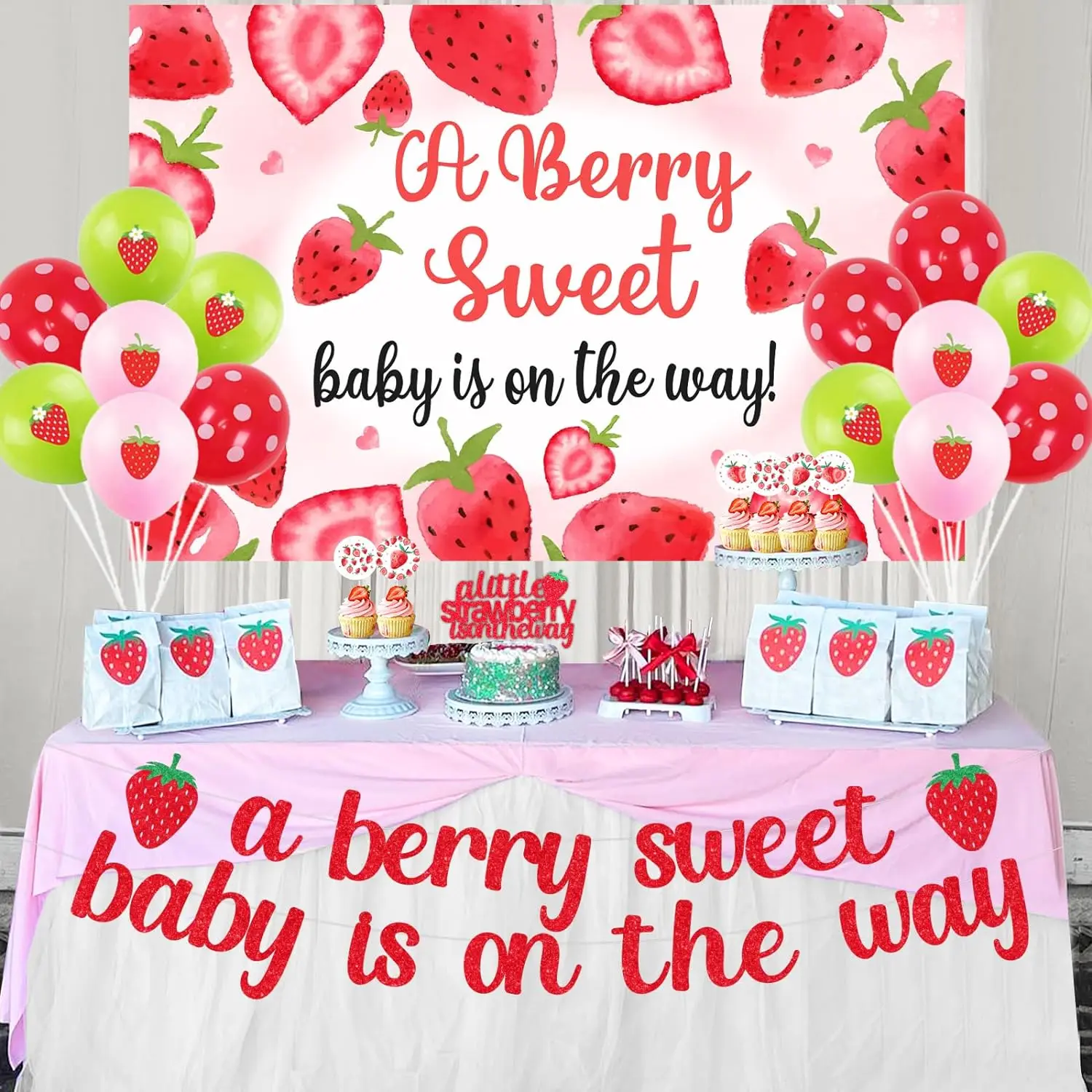 Strawberry Baby Shower Decorations, NO-DIY A Berry Sweet Baby Is On The Way  Banner, Berry Sweet Baby Shower Decorations, Strawberry Party Decorations