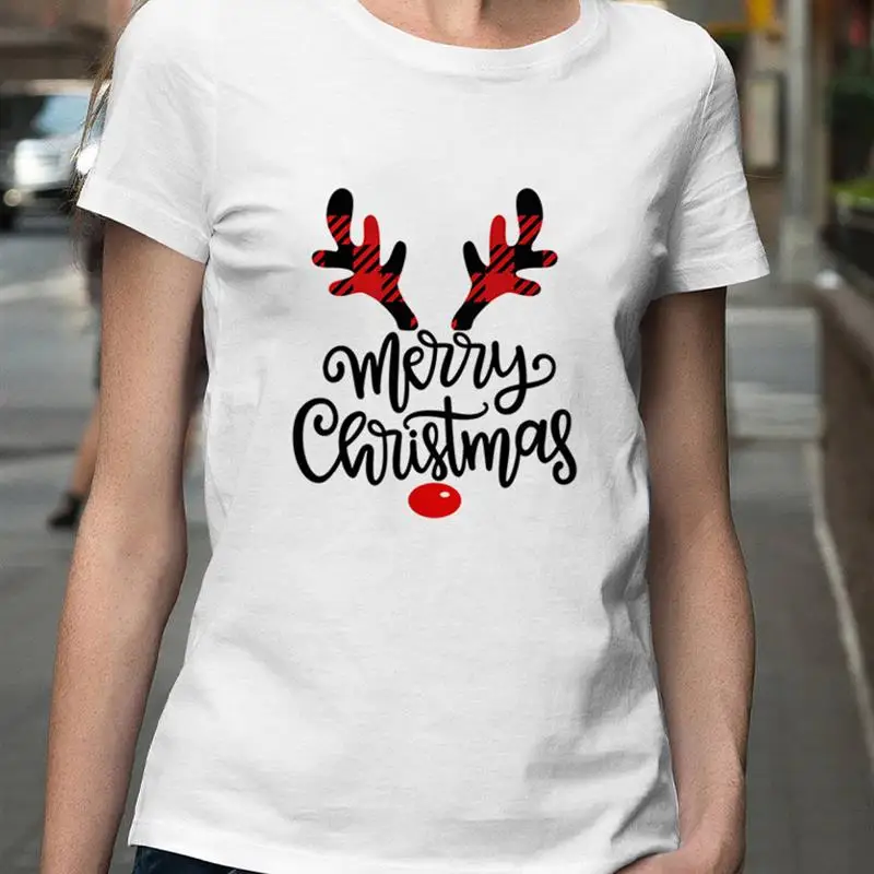 

Unisex Print Merry Christmas Deer Plaid Lovely Winter Women Tshirt Printed Tops O-Neck Female Top Graphic Clothes Shirt T Tee