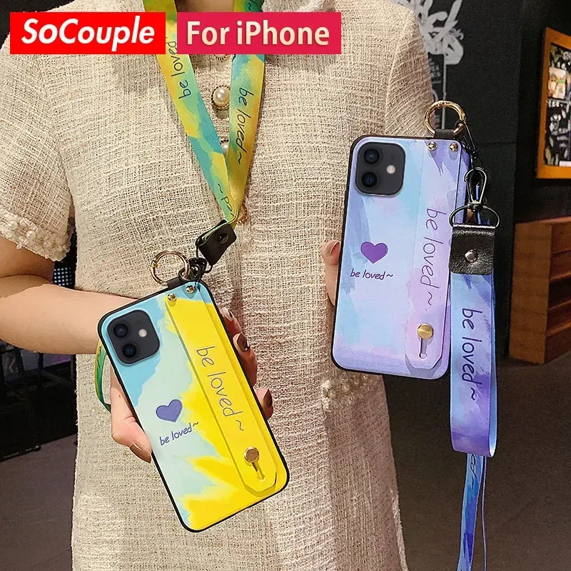Retro Colorful Flower Soft TPU Phone Holder Lanyard Case with Neck Wrist Strap