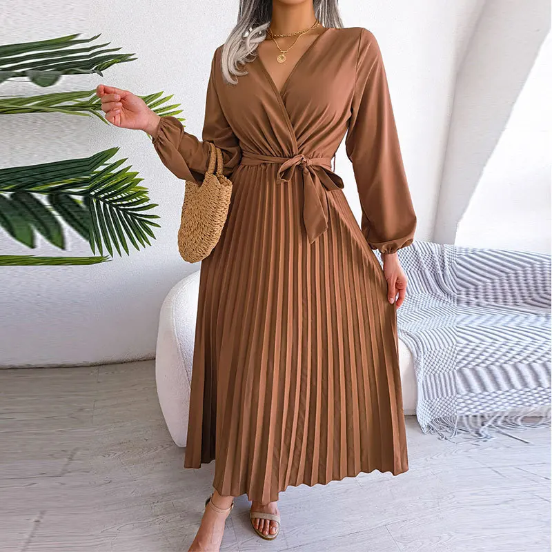 

2023 Autumn Winter Y2K INS Long Lantern Sleeve V Neck High Waist Lace Up Fold Evening Dress Elegant Corset Party Dress for Women
