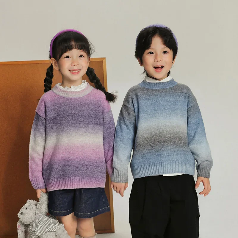 

Children Sweater Autumn and Winter Plus Fleece Girls Gradient Color Sweater Baby Korean Version Top Winter Boy Jumper Winter