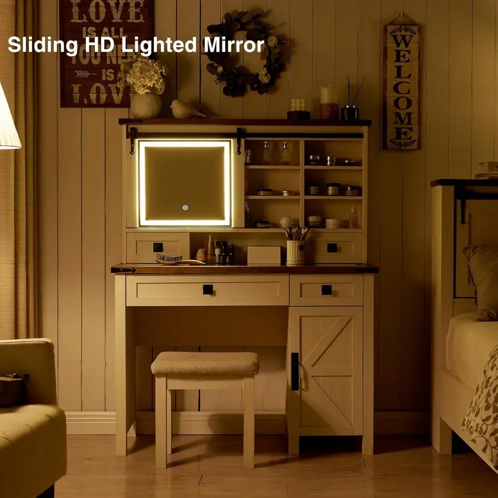 Sliding Mirror and Lights Glass Tabletop Vanity Table with Drawers Shelves Rustic Big Vanity Set for Bedroom Stool Included