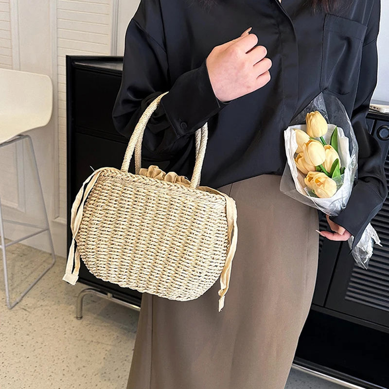 Drawstring Straw Bag for Women Top Handle Bag Summer Beach Woven Boho Bag Rattan Large Capacity Tote Bag Ladies Shopper Clutch