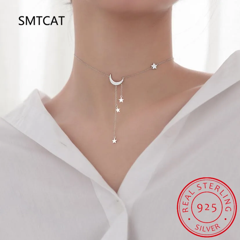 Real 925 Sterling Silver Sweet INS Star Moon Tassel Pendant Clavicle Choker Necklace For Women S925 Jewelry DA1743 pendant necklace silver necklace silver necklace charms