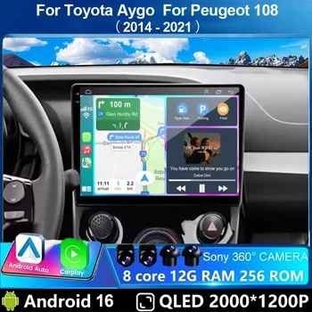 Autoradio Android 16 CarPlay per Toyota Aygo, Peugeot 108, Citroen C1 2014~2021, Lettore Multimediale Video, Navigazione GPS