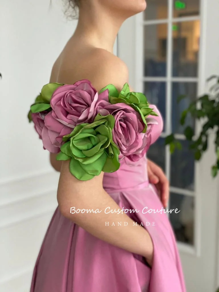 Booma Pink Taffeta Midi Prom Dresses Off the Shoulder Handmade Flowers Slit Tea-Length A-Line Evening Gowns Formal Party Dresses prom gowns